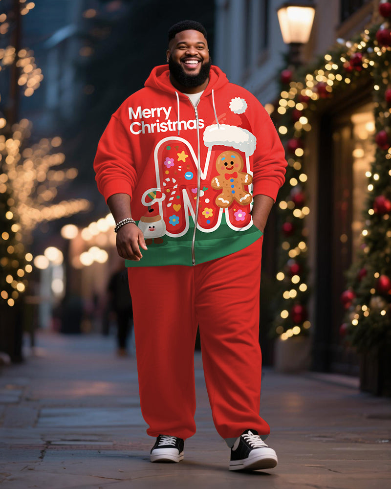 Big & Tall Men's Christmas Gingerbread Man Alphabet Print Cardigan Hoodie Suit