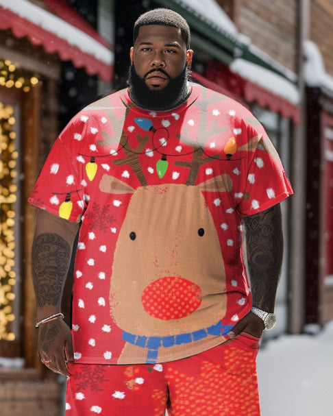 Big Men's Christmas Elk Oil Painting Polka Dot Graffiti Short Sleeve Shorts Set
